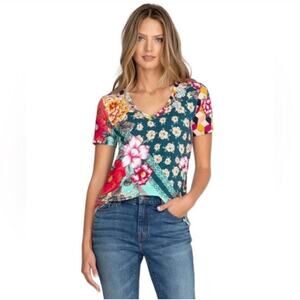Johnny Was Bamboo Nellie Short Sleeve V-neck Tee Multicolor Floral Size Small
